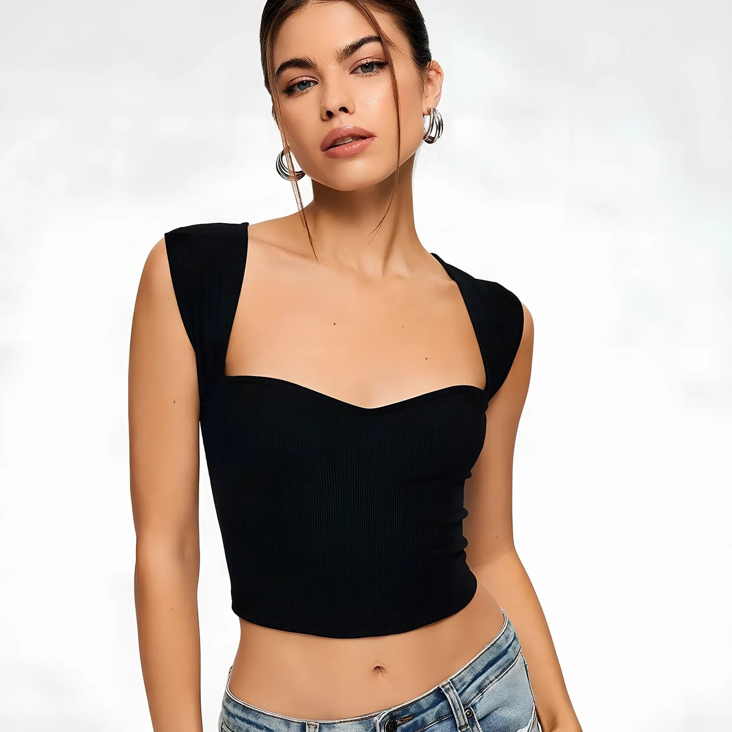 Black ribbed sleeveless crop top with sweetheart neckline, 90% polyester 10% spandex, sizes XS-XL
