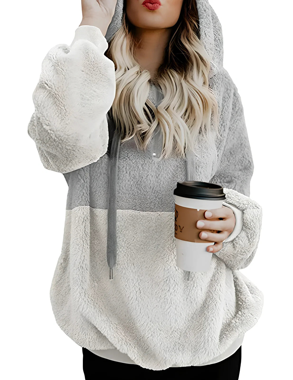 Women's casual plush hooded sweatshirt in dark grey with zipper, drawstring hood, and patchwork stitching, loose fit for autumn winter