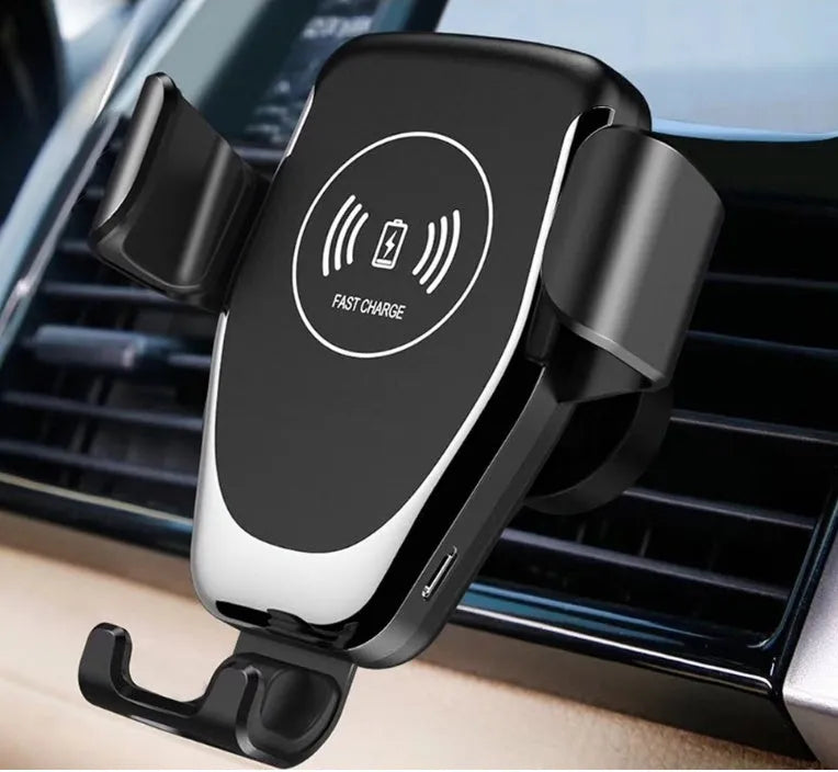 Car wireless charging mount with automatic clamp for iPhone, shown in black on a car dashboard.