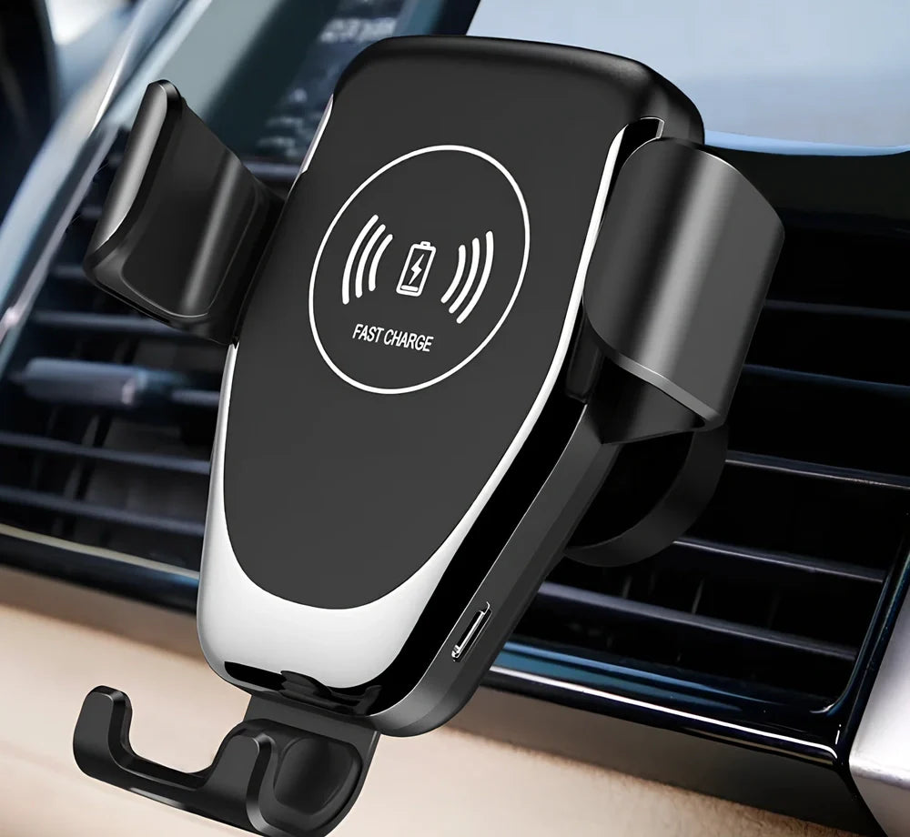 Black 18W Qi wireless car charger with auto gravity arms clamping iPhone on vent mount