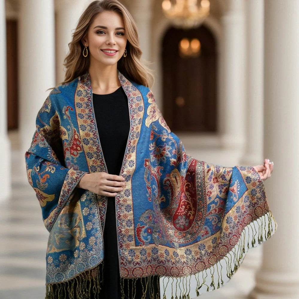 Cashew pattern tassel scarf measuring 176cm long with burgundy colour and ethnic styling