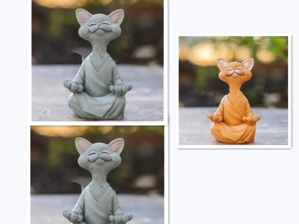 Charming ceramic Buddha cat figurine in black, grey, and orange colors for meditation, yoga, and home decor