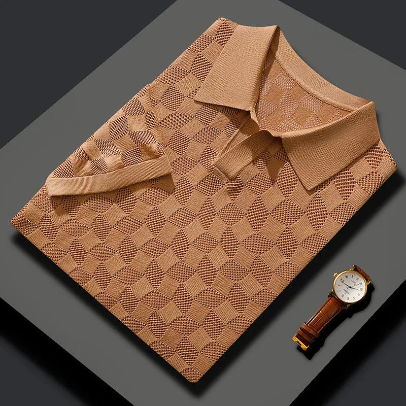 Men's short sleeve lapel sweater in mulberry silk, shown in camel colour on a model.