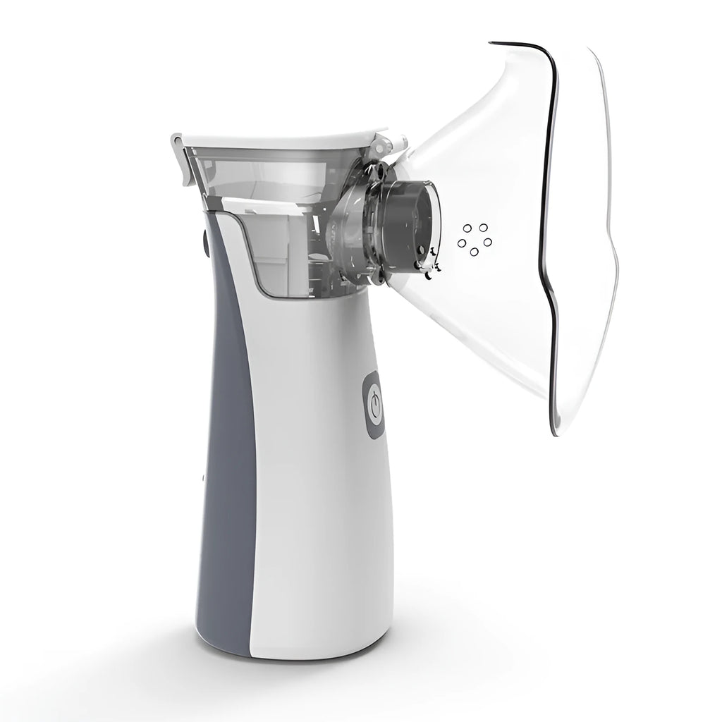 White handheld microporous medical nebuliser with mouthpiece, compact size 50x48x130mm