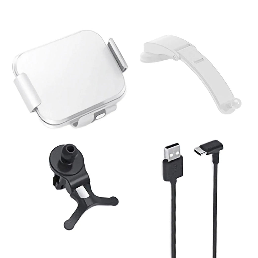 Grey and white wireless charging car phone holder with folding screen, showing air conditioner clip and suction cup bracket accessories.