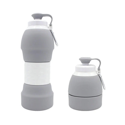 Collapsible silicone water bottle in various colours, showing folded and unfolded states