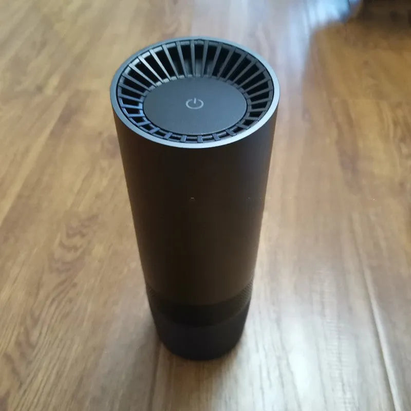 Black aluminium alloy car air purifier with push button controls