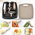 Green multi-function kitchen tool set with stainless steel blades for peeling, cutting and shaving on wheat straw chopping board