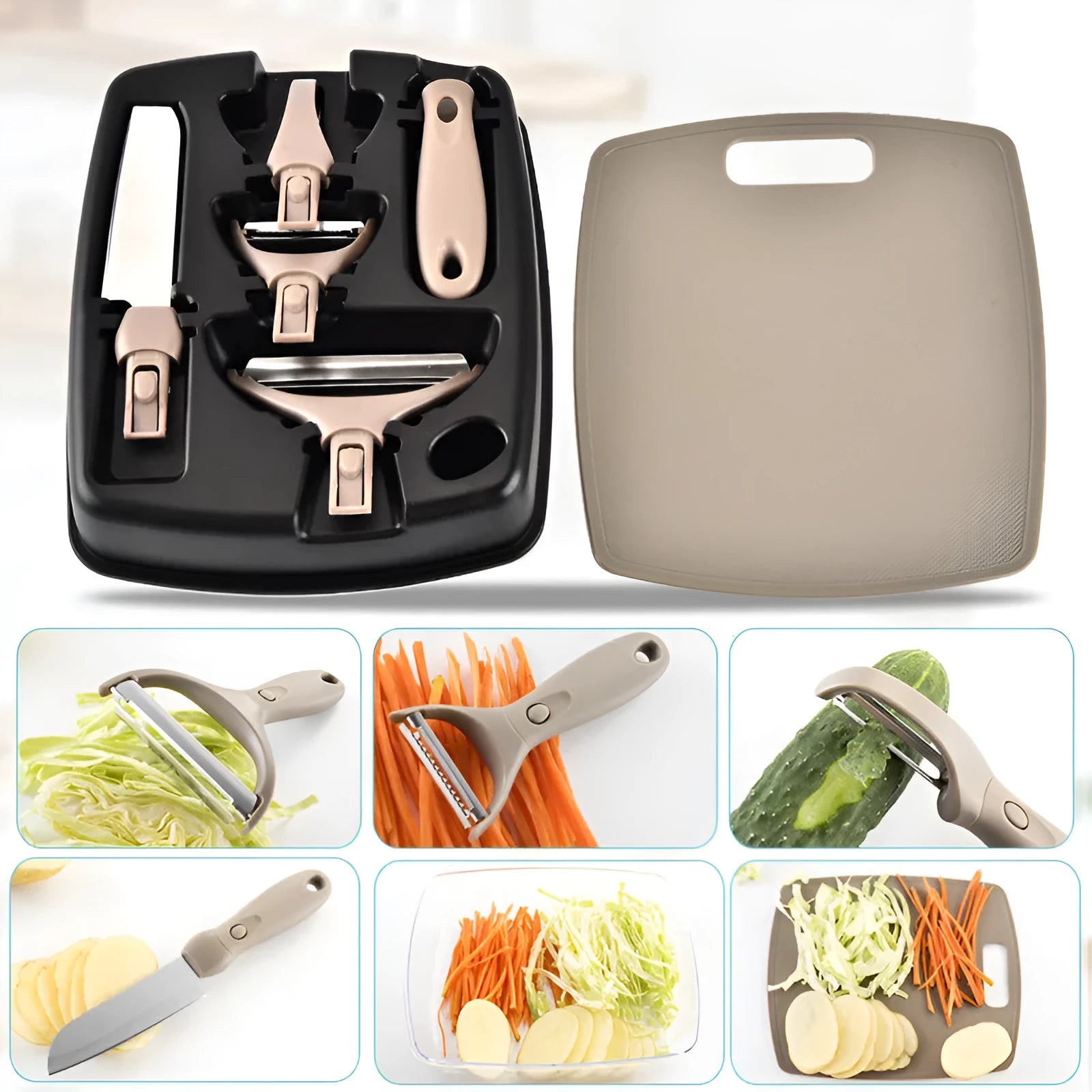 Green multi-function kitchen tool set with stainless steel blades for peeling, cutting and shaving on wheat straw chopping board