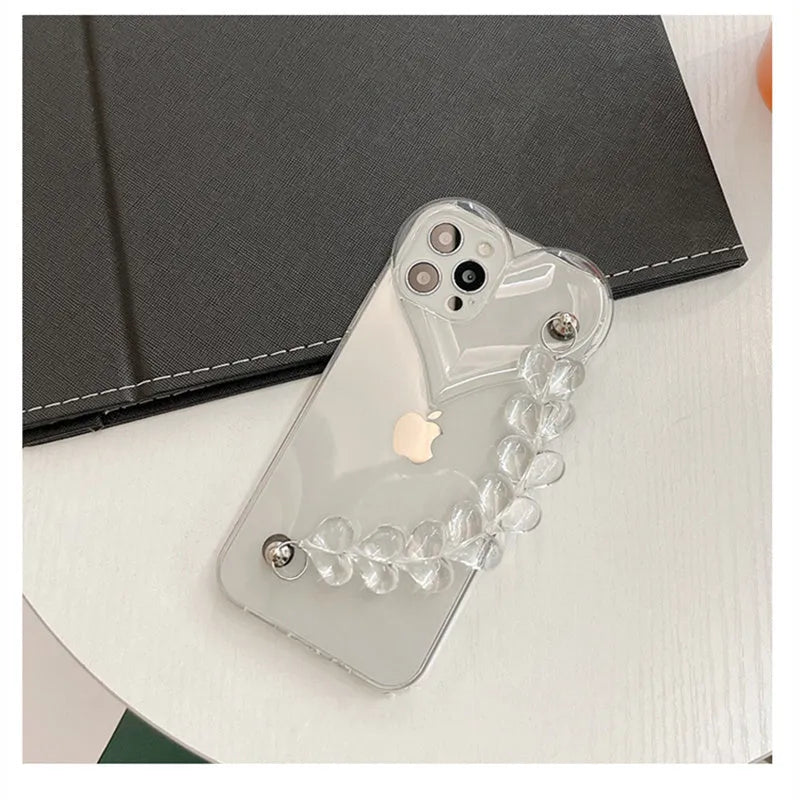 Transparent iPhone case with love bracelet chain design on clear TPU protective shell
