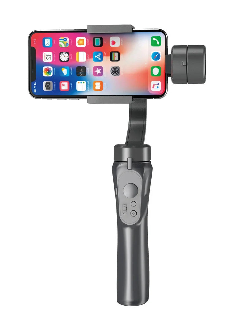 Handheld 3-axis gimbal stabilizer for iPhone in black, showing compact design and adjustable features