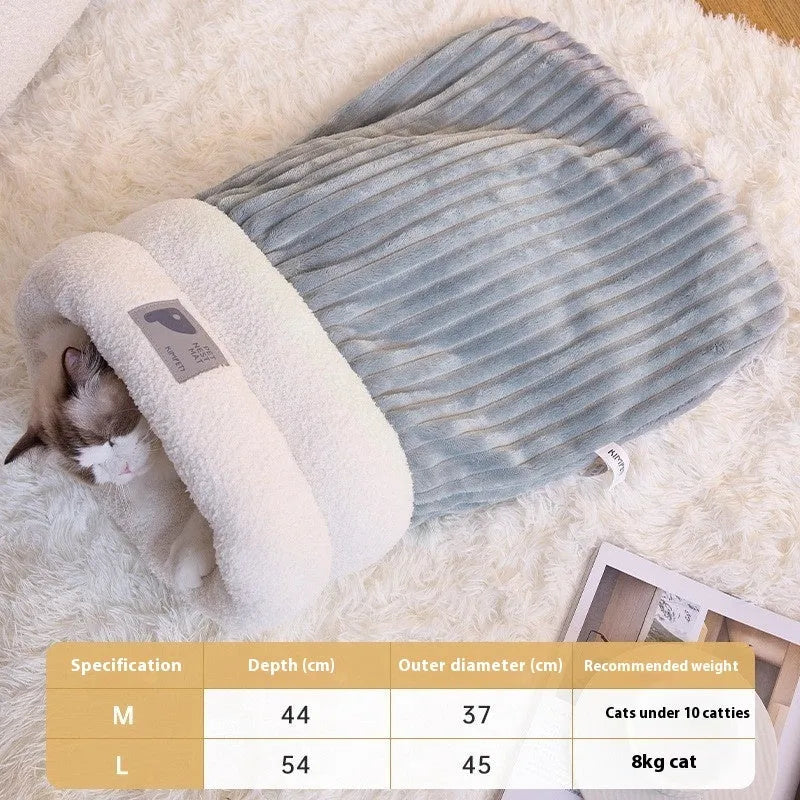 Brown semi-enclosed pet sleeping bag with lambswool insulation on wooden floor