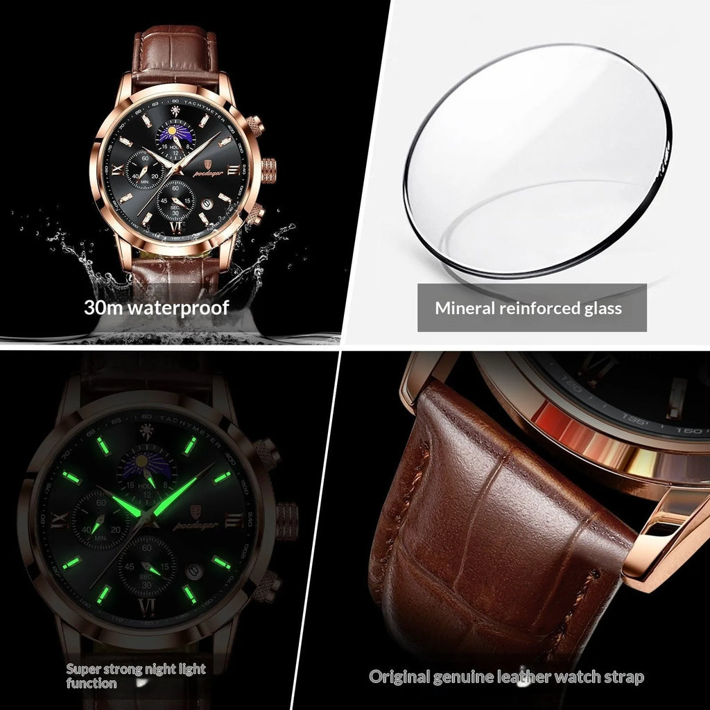 Men's watch with moon phase and chronograph, 42mm alloy case, mineral glass, rose gold case black dial