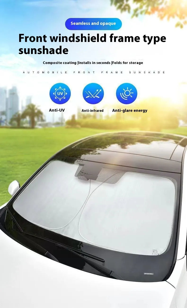 Titanium silver aluminium foil car sunshade laid flat showing its rectangular shape and size.