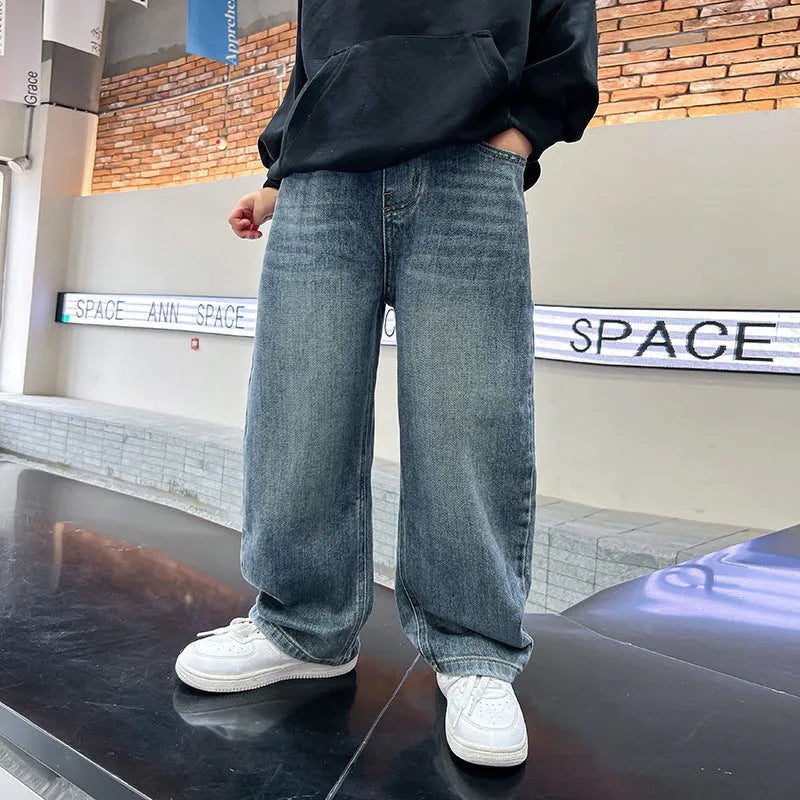 Men's straight loose fit blue denim jeans with cotton fabric, suitable for heights 120-170cm