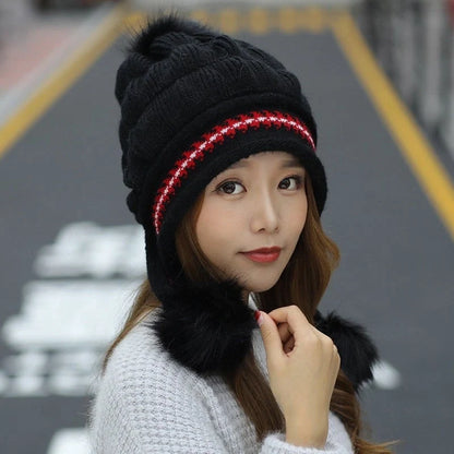 Knit fleece beanie with ear flaps and pompom in various colours for winter warmth