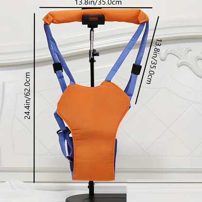 Orange and blue baby walking harness with adjustable strap and plastic safety locks for infants learning to walk