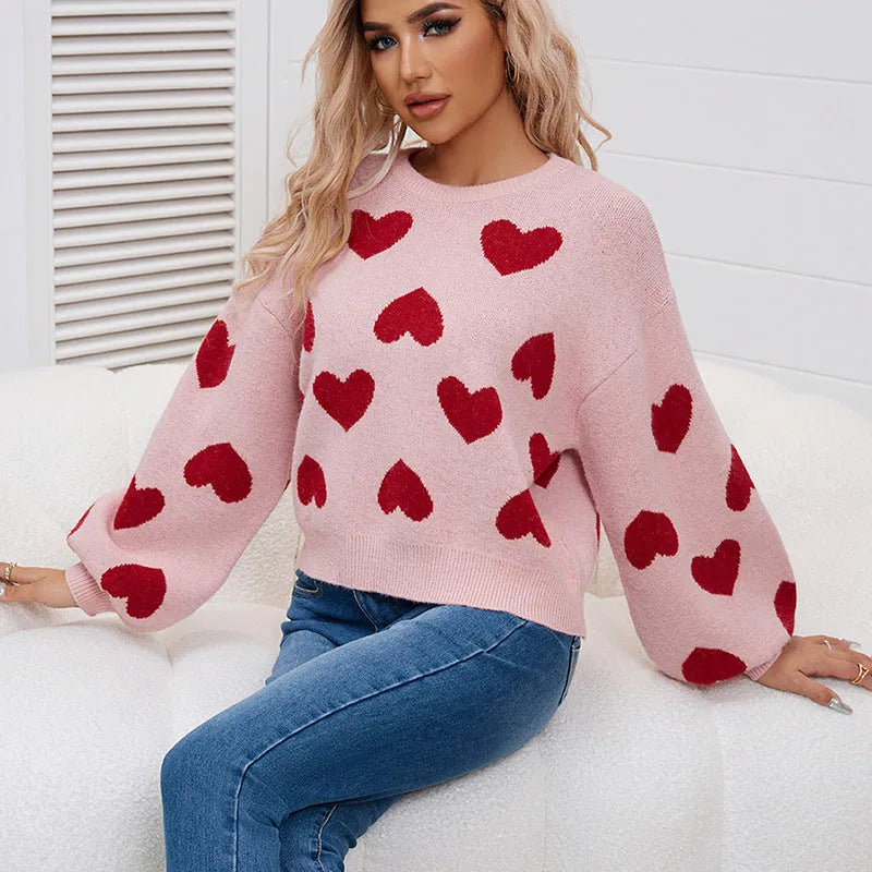 Loose pullover sweater with pink heart jacquard pattern, acrylic knit, Valentine's Day design