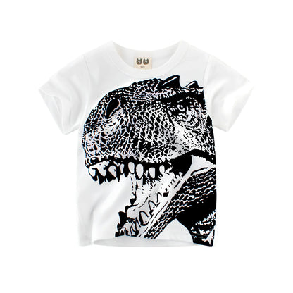 Boys green cartoon print cotton short sleeve T-shirt, size 110cm, soft fabric for ages 3-8 summer wear