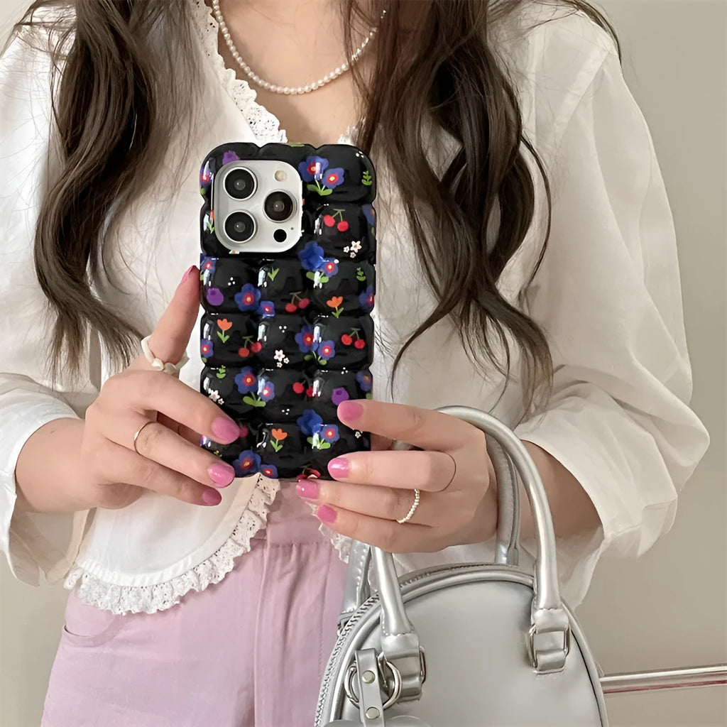Retro cherry floral plaid TPU anti-fall phone case for iPhone with black background