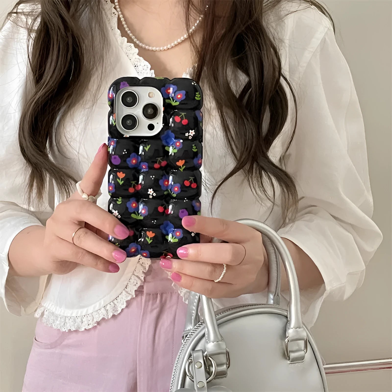 Retro cherry floral plaid TPU anti-fall phone case for iPhone with black background