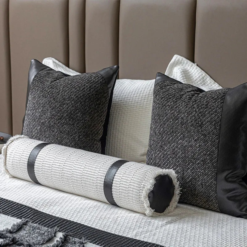 Modern grey and white plaid polyester bed runner set with leather pillow on a 1.8m bed