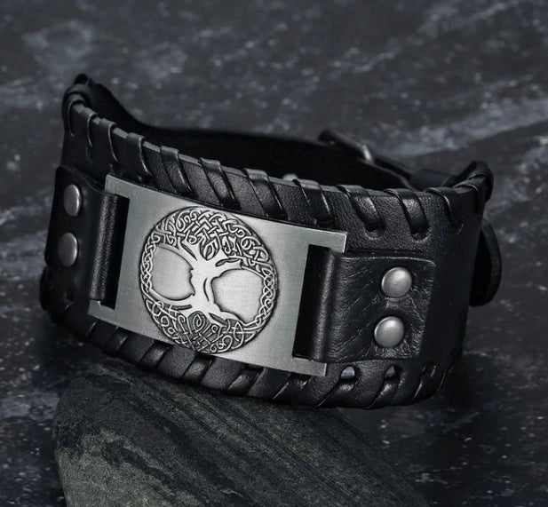 Asgard Crafted Leather Buckle Arm Cuff with Metal Celtic Tree of Life Design in Silver Brown, Silver Black, and Gold Black