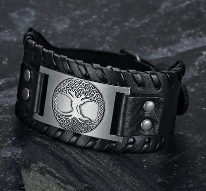 Asgard Crafted Leather Buckle Arm Cuff with Metal Celtic Tree of Life Design in Silver Brown, Silver Black, and Gold Black