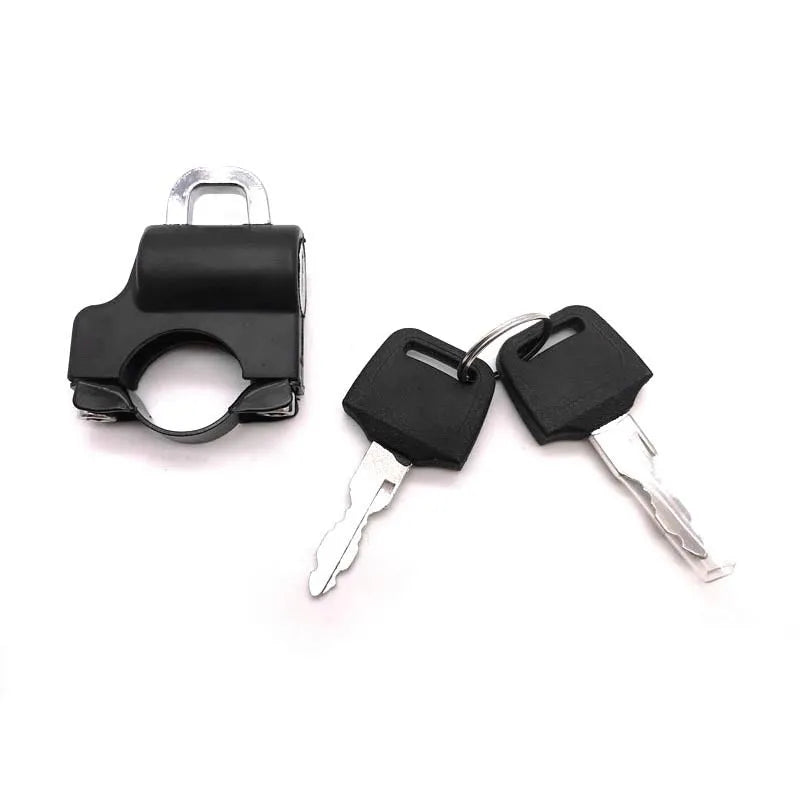 Universal helmet lock model 0007-A in black plastic for 22mm leading handlebars with locking rod device
