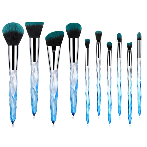 10 clear crystal foundation brushes with diamond shank handles and artificial fibre bristles.