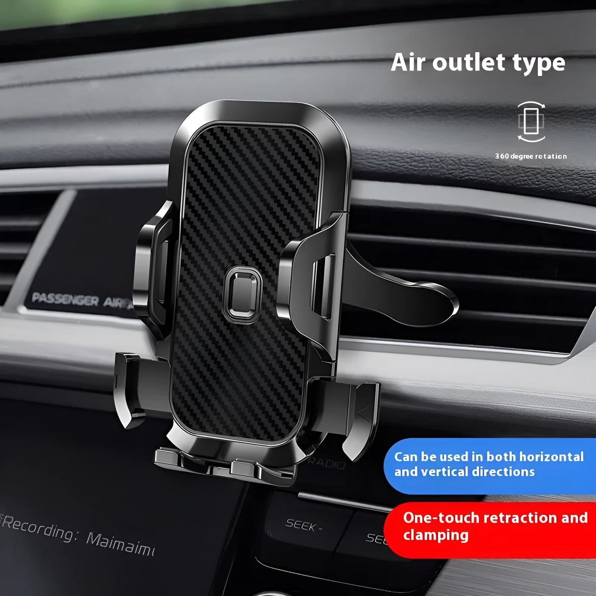 Black plastic car mobile phone bracket clipped onto car air outlet vent