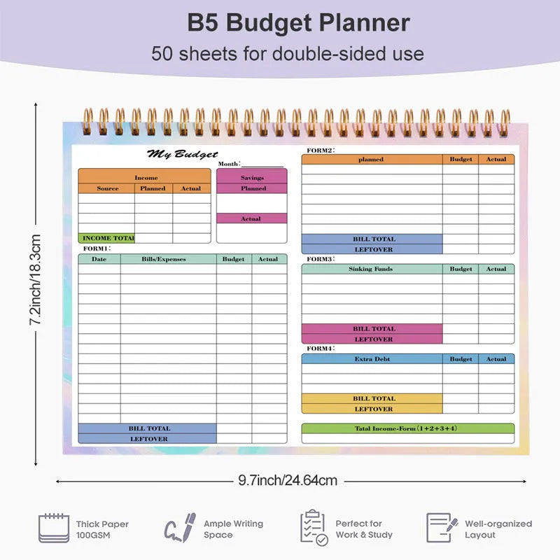 B5 size spiral-bound budget tally book with a PP cover, open on a table.