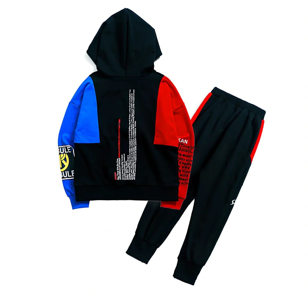 Boys' Korean-style two-piece spring suit in gules red or yellow, 95% cotton with long sleeves and fixed hood, sizes 110-180 yards for 100-170cm heights