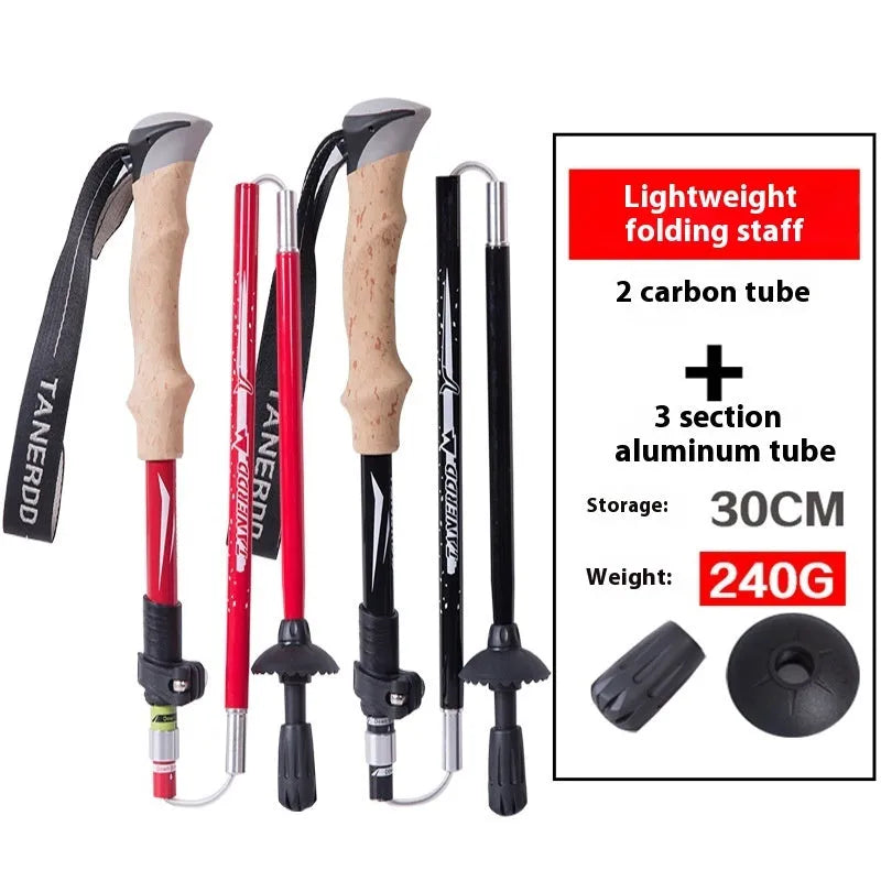 Retractable carbon fibre hiking pole on a rocky trail, set to medium height