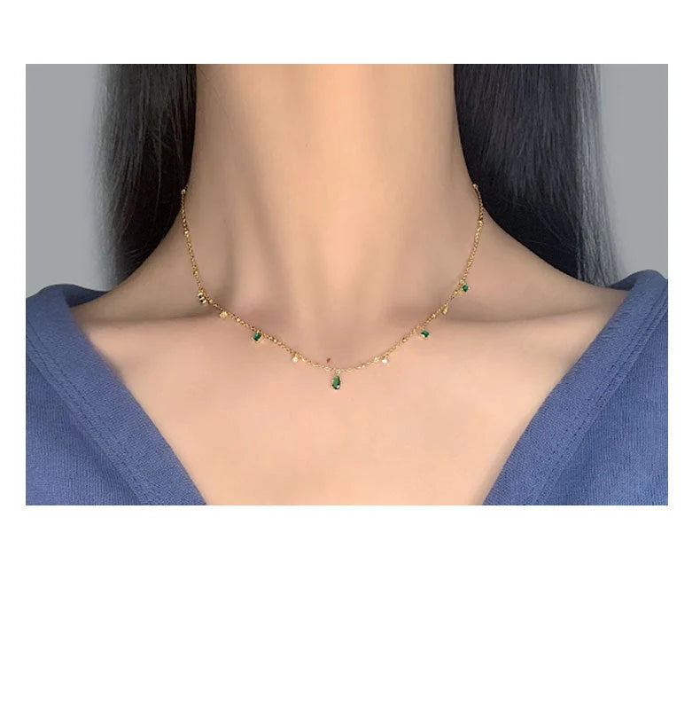 Generous water drop emerald zircon necklace with sterling silver chain, Korean style jewelry