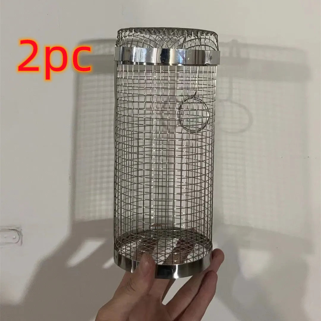 Iron wire rolling BBQ grilling basket with cylindrical mesh for vegetables and meatballs in two size options.
