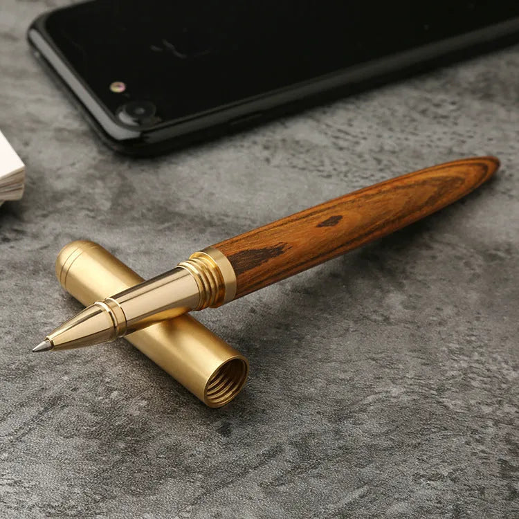 Brass sandalwood signature pen showing metal and wood construction with choice of five wood colour options