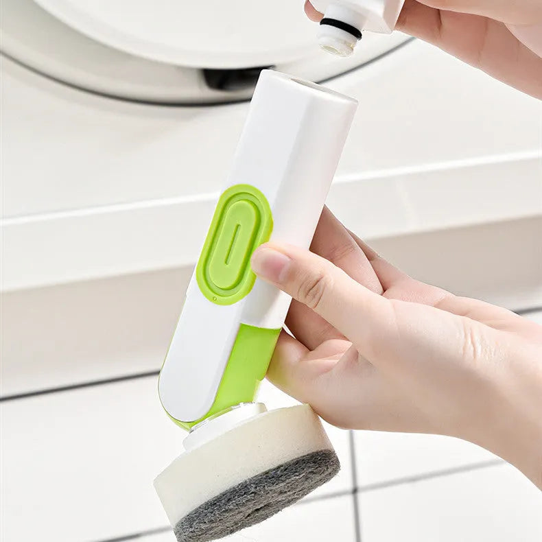White and red long-handle kitchen cleaning brush with integrated soap dispenser button and two brush heads.