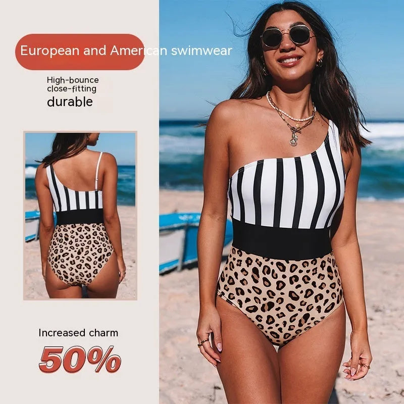 Women's leopard print one-piece swimsuit with asymmetric collar and high-waist triangle design
