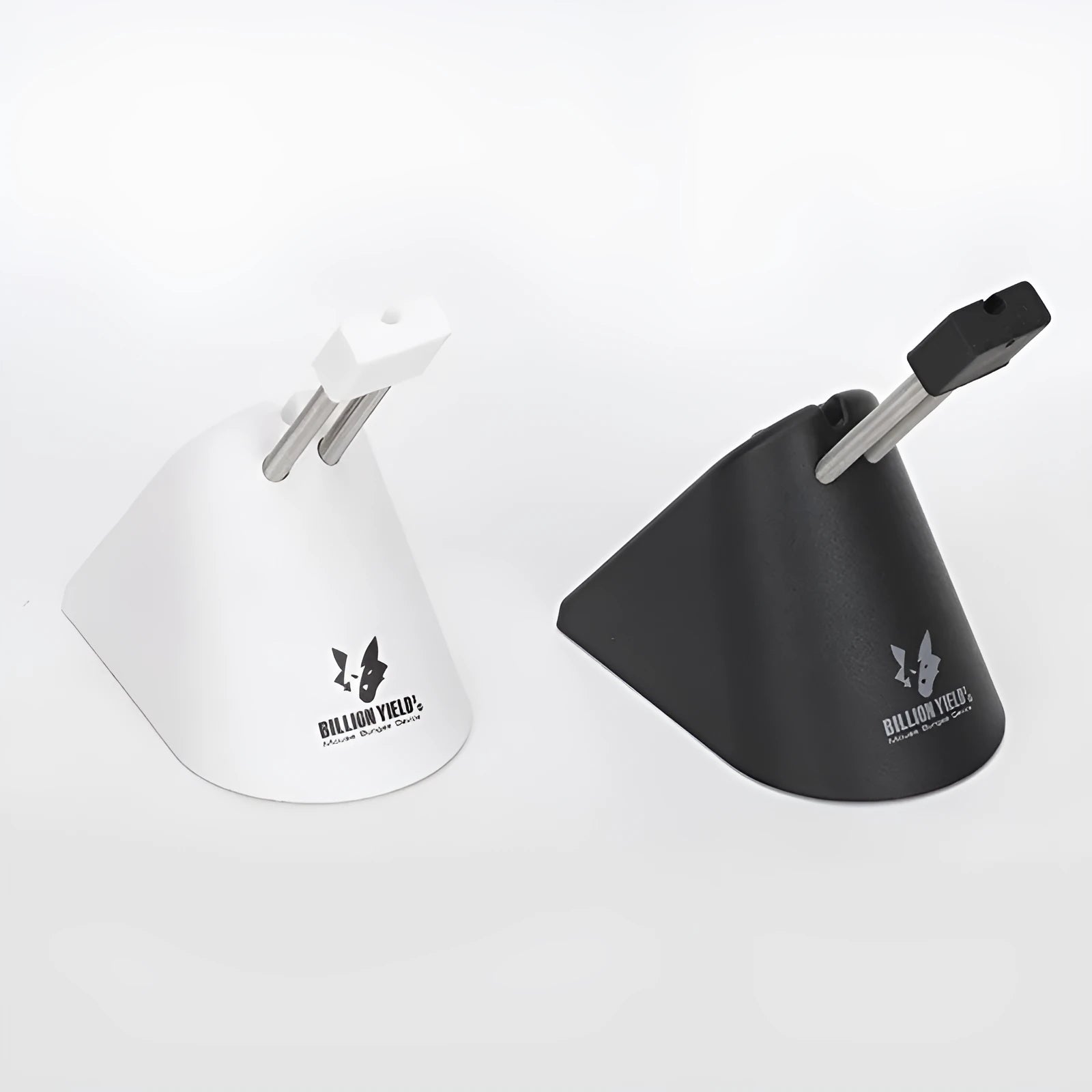 Black and white ABS plastic mouse cable holder bracket for wired gaming mice on a desk.