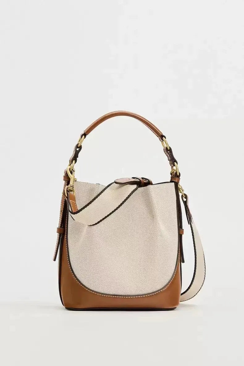 Fashion drawstring canvas contrast colour casual one-shoulder bucket bag in black with PU lining and double straps