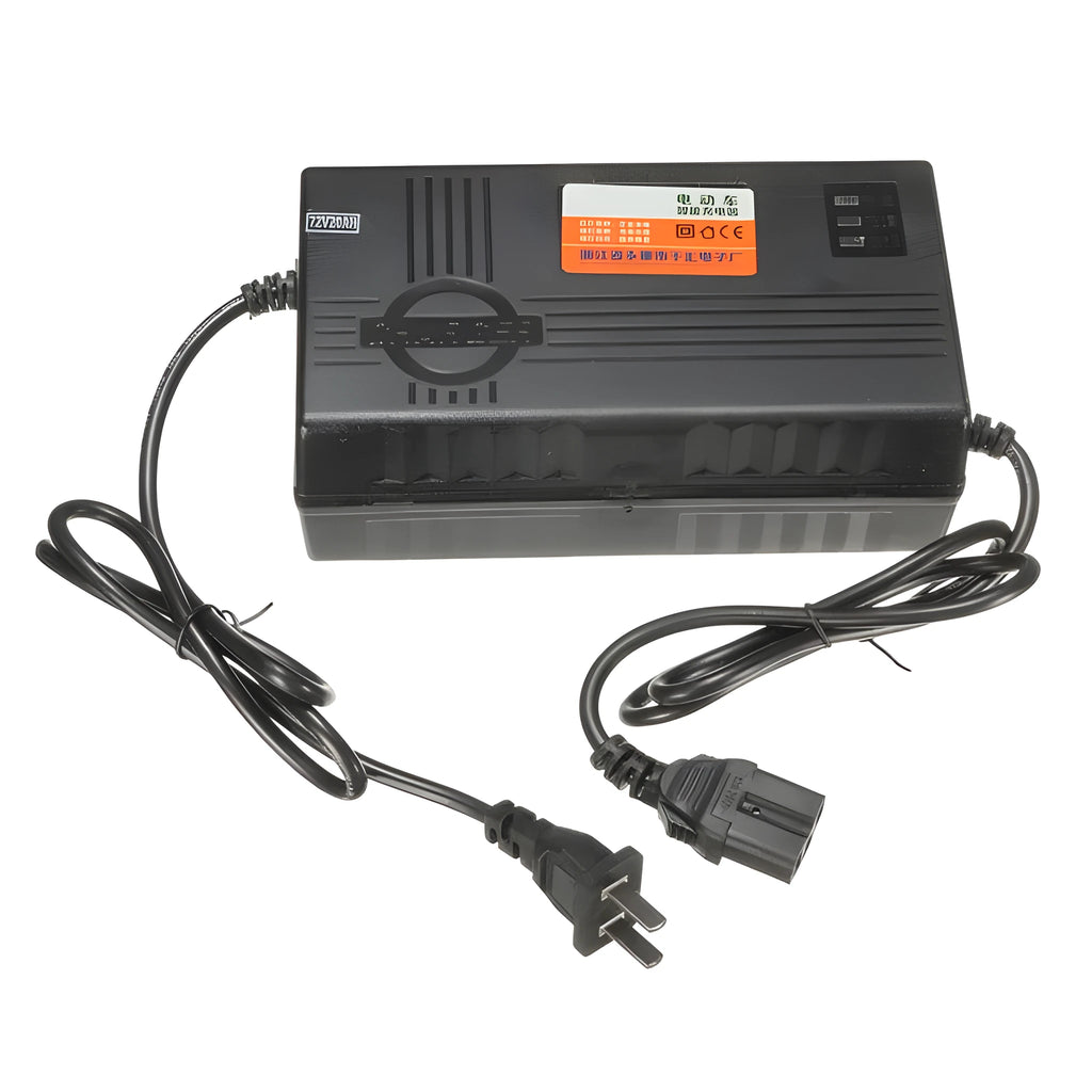Black 72V20AH electric vehicle battery charger with choice of AU, EU, or US plug styles