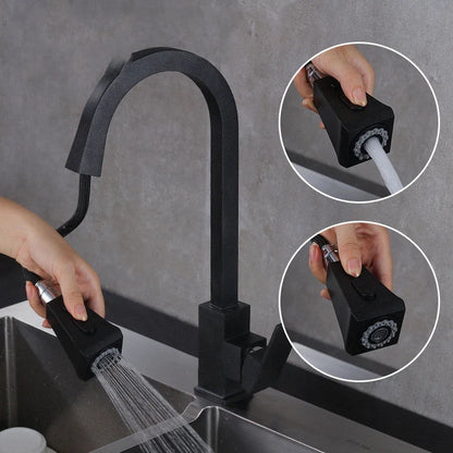 Stretchable sink faucet with double outlet mode in black and oatmeal options