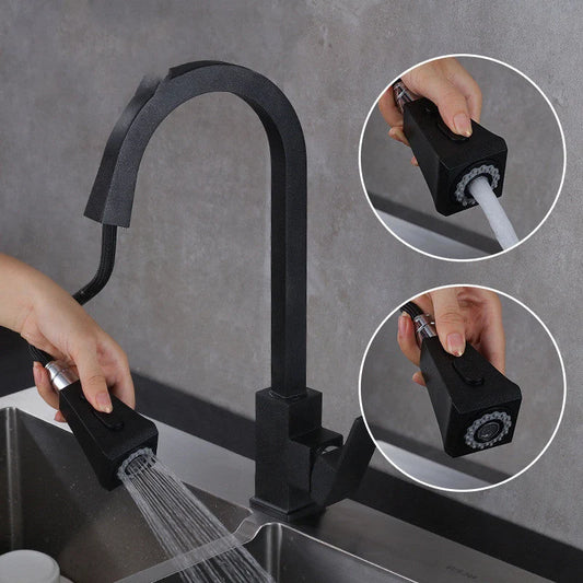 Stretchable sink faucet with double outlet mode in black and oatmeal options