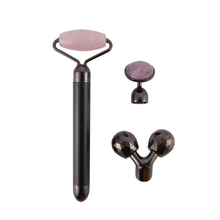 3-in-1 vibrating facial jade roller set with rose quartz stone and 3 replaceable heads