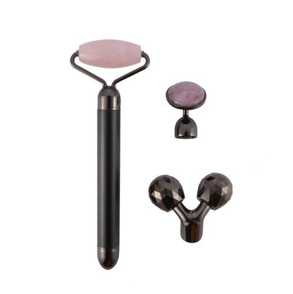 3-in-1 vibrating facial jade roller set with rose quartz stone and 3 replaceable heads