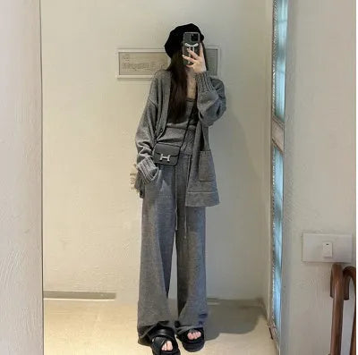 Women's light brown knitted cardigan, vest, and loose pants three-piece casual outfit set.