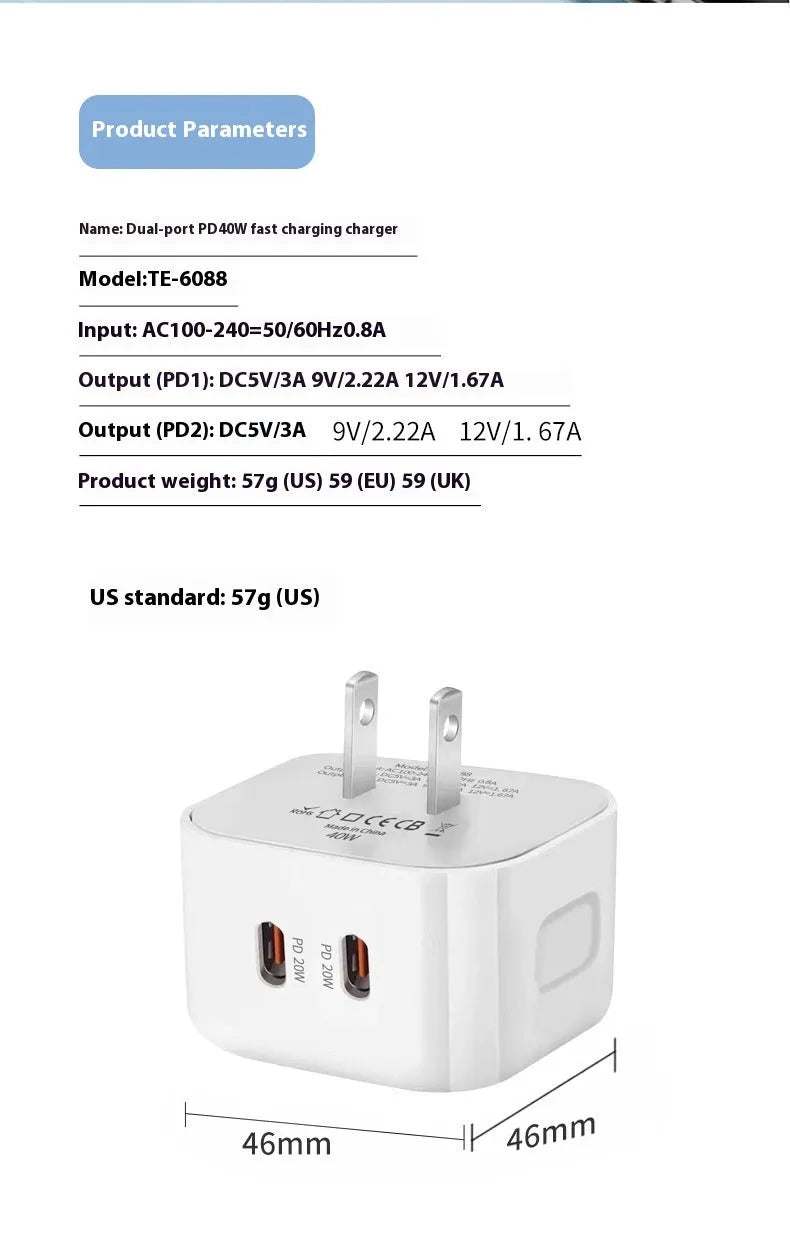 White PD40W Type-C fast charger head for EU UK US plug standards