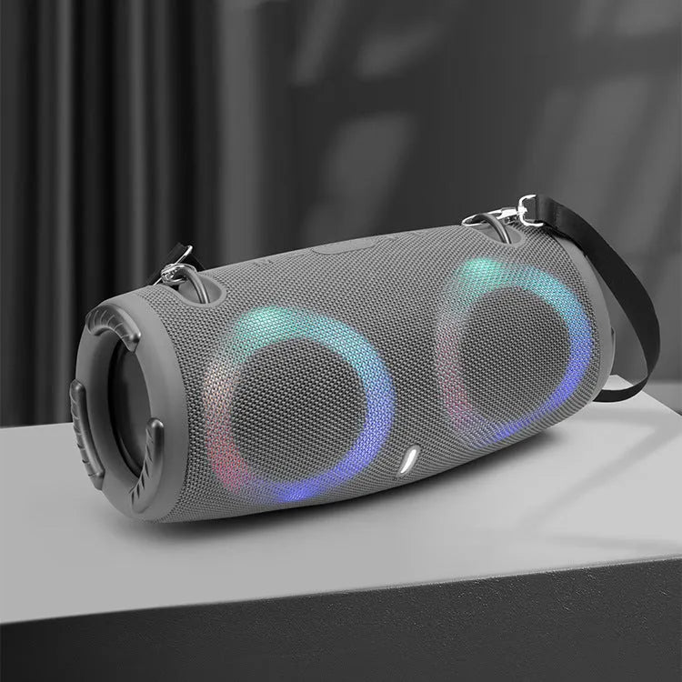 Portable Bluetooth speaker with RGB lights in multiple colour options including black and camouflage.