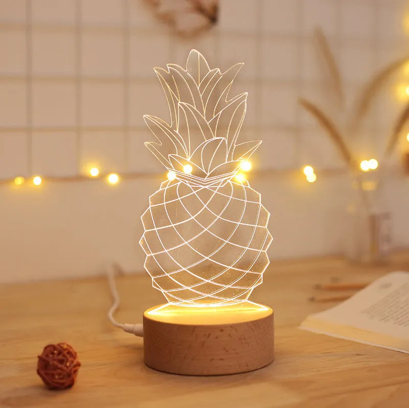 Cartoon pineapple-shaped USB table lamp with wooden base on a bedside table.